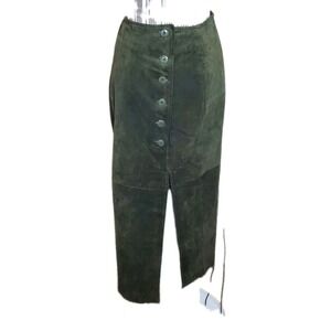 Vtg Global Identity Green Leather Suede Skirt‎ Size 5/6 Slit Buttons